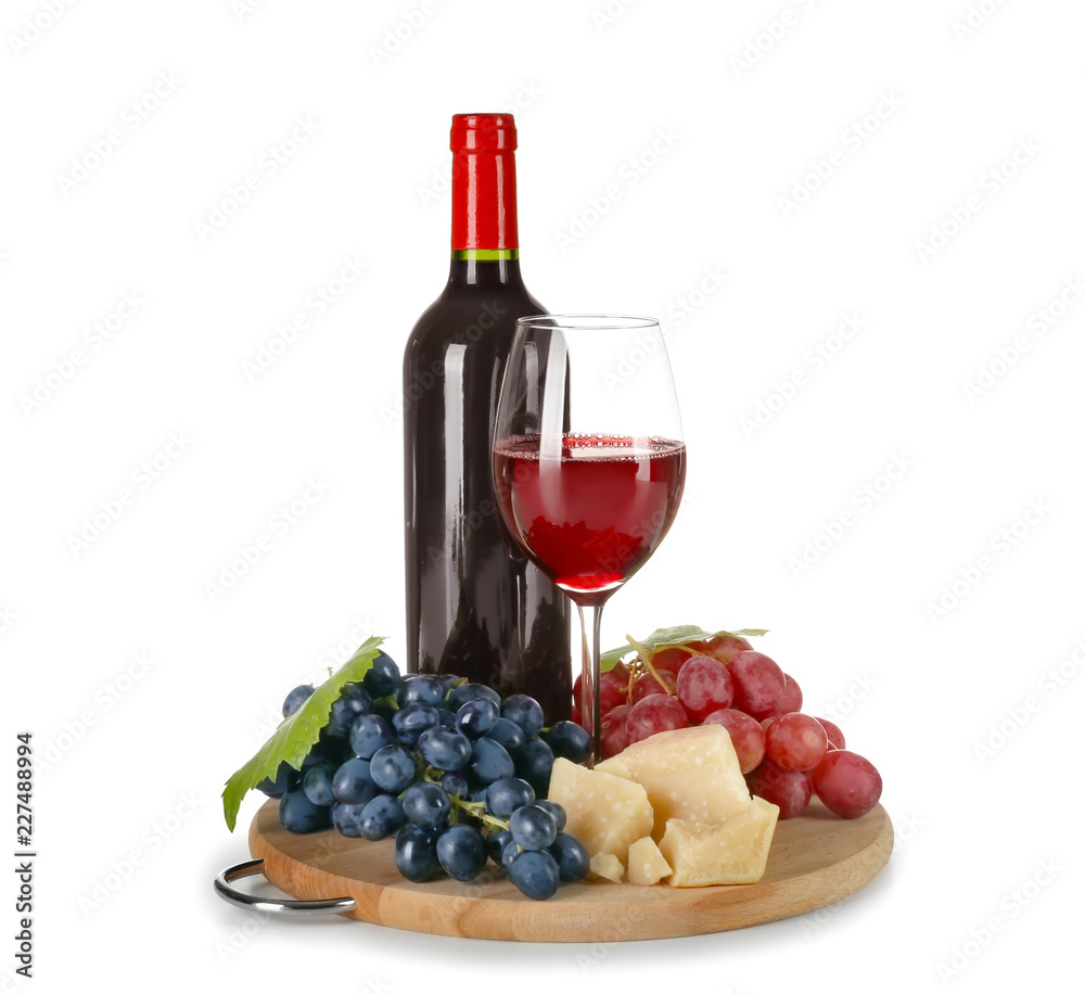 Red wine, cheese and ripe grapes on white background