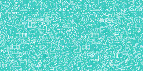 medicine seamless doodle pattern for your design. hand drawn health care, pharmacy, medical cartoon 