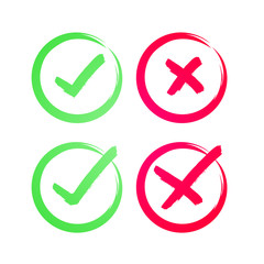 Poster - Vector Tick and Cross Signs. Hand drawn Grunge Green checkmark OK and red X, Painted with Brush symbols YES and NO button for vote in circle. 