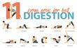 Set of yoga postures female figures for Infographic 11 Yoga poses for best digestion in flat design. Woman figures exercise in blue sportswear and black yoga pants. Vector Illustration.