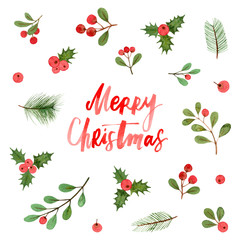 Wall Mural - merry christmas greeting card template. watercolor illustration with hand lettering.