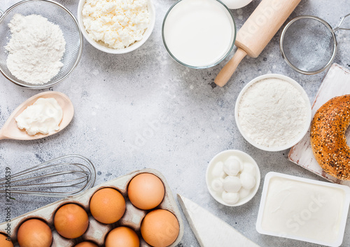 Fresh Dairy Products On White Table Background Glass Of Milk