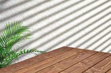 Wall Mural - Wooden table corner on white background with blinds shadow