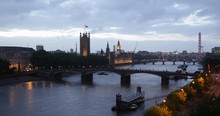 Aerial View Of London City Skyline Cars Traffic And Famous Landmarks Dusk Light