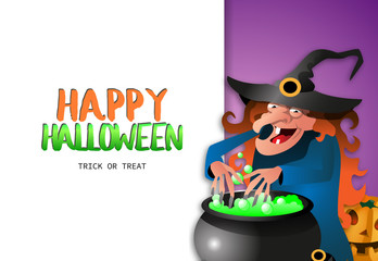 Wall Mural - Happy Halloween Trick or treat banner with toothless witch in cap preparing potion in caldron on purple and white background. Realistic lettering can be used for invitations, signs, announcements