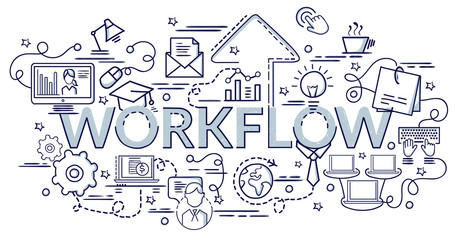 Flat colorful design concept for Workflow. Infographic idea of making creative products..Template for website banner, flyer and poster. Hand drawn doodle cartoon vector illustration.