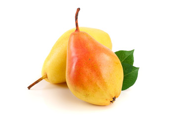 two ripe red yellow pear with leaves fruits isolated on white background