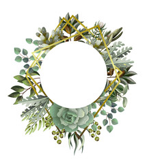 Wall Mural - Circle frame with leaves, succulent and golden elements in watercolor style. Eucalyptus, magnolia, fern and other  vector illustration.