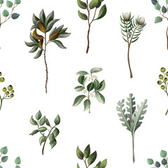 Wall Mural - Seamless pattern with eucalyptus, magnolia, fern leaves and succulents. Trendy rustic herb vector background.