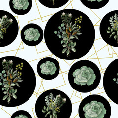 Wall Mural - Seamless pattern with eucalyptus, magnolia leaves, succulents and golden frames. Geometrical and botanical vector background.