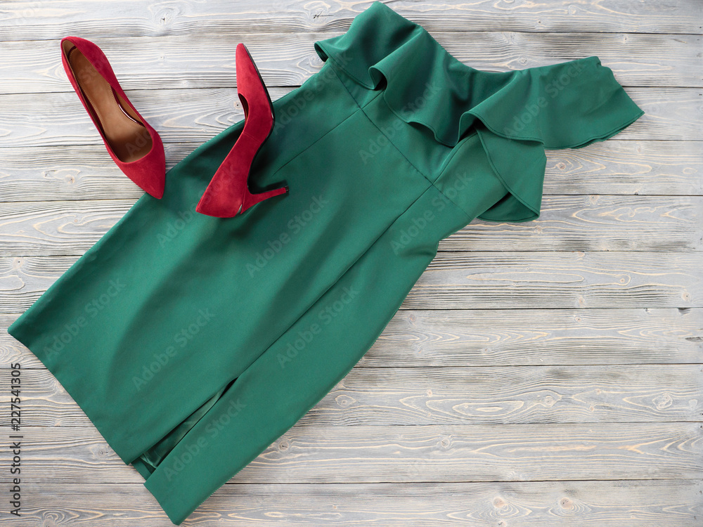 Womens clothes and shoes (Red green dress, pumps). Fashion outfit for christmas, evening, night out. Template for online store, website, banners. Flat lay, top down view Stock Photo | Adobe Stock Womens clothes and shoes (Red green dress, pumps). Fashion outfit for christmas, evening, night out. Template for online store, website, banners. Flat lay, top down view Stock Photo | Adobe Stock