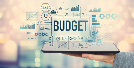 Wall Mural - Budget with man holding a tablet computer
