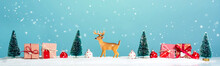 Christmas Holiday Theme With Reindeer And Christmas Trees