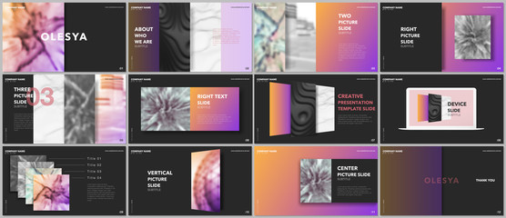 Wall Mural - Minimal presentations design, portfolio vector templates with elements on black background. Multipurpose template for presentation slide, flyer leaflet, brochure cover, report, marketing, advertising.