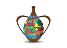 Calabash Water Bottle Colorful Logo Design. Ceramic Vase, Authentic Symbol Of Africa With Ethnic Ornament, Old African Pots, Afro Tribal Pottery Styles, Zulu Color Pot, Vector Illustration Isolated 