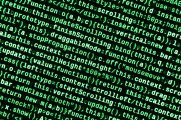 Javascript functions, variables, objects. Monitor closeup of function source code. IT specialist workplace