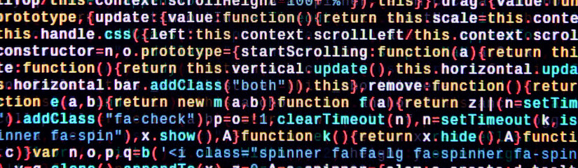 Writing programming code on laptop. Digital binary data on computer screen