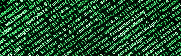 JavaScript code in text editor. Coding cyberspace concept. Screen of web developing code