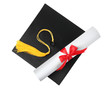 Graduation hat with gold tassel and diploma isolated on white, top view