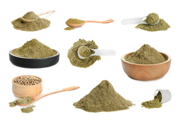 Set with hemp protein powder on white background