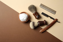 Flat Lay Composition With Shaving Accessories For Men On Color Background