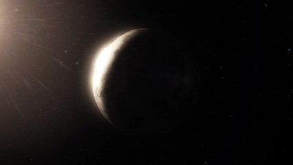 Poster - Beautiful planet rotates on the background of night sky. Planet With Nebula In Deep Space. Planet rotation in deep starry space with a nebula in background. Lifeless planet with stars and sunlight