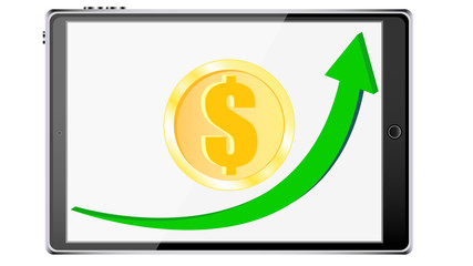 Poster - Golden dollar coin and graph, diargamma growing up on the background of smart tablets smartphones touch modern realistic mobile devices.  illustration