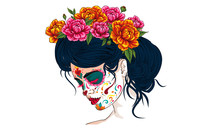 Dia De Los Muertos Day Of The Dead Mexican Holiday Festival Vector Poster Banner And Card With, Anta Muerte Woman Make Up Sugar Skull Girl Face With Flowers Wreath Hand Drawn