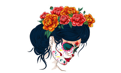 dia de los muertos day of the dead mexican holiday festival vector poster banner and card with, anta muerte woman make up sugar skull girl face with flowers wreath hand drawn