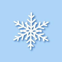 Big White Snowflake with shadow on blue background. Template Snowflake