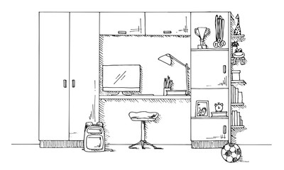 Fototapete - Sketch of a children's room. Teenager's room. Vector illustration