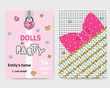 Set of cute invitation cards for girls party. Fashion kids graphic. Vector hand drawn illustration.