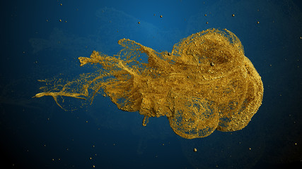 Poster - 3d render abstract background with complex particle simulation. Twirl, curl and turbulence affect particles. Isolated metal object with details...