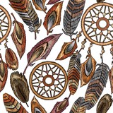 Embroidery dream catcher boho seamless pattern. Ethnic style. Native american indian talisman. Fashionable template clothes. Magic tribal feathers pattern, t-shirt design
