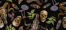 Embroidery Skull, Mushrooms And Acorns, Autumn Forest Seamless Pattern, Gothic Fall Medieval Embroidery Template For Clothes, Textiles, T-shirt Design