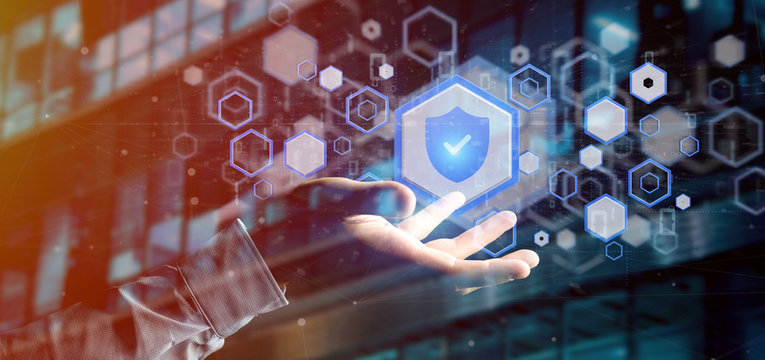 Man holding a Shield web security concept 3d rendering