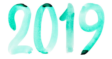 Poster - New year 2019 - Hand drawn green watercolor number