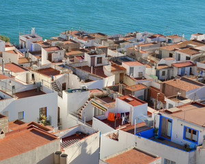 Sticker - Aerial view of Peninsula town with harbour and marina , Costa del Azahar, province of Castellon, Valencian Community. Peniscola is a popular tourist destination in Spain. View from the castle. 