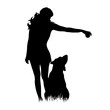 © majivecka - Vector silhouette of girl with dog in the grass on white background.