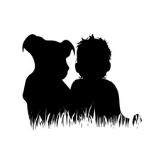 Vector Silhouette Of Baby With Dog In The Grass On White Background.