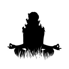 Canvas Print - Vector silhouette of woman who meditates on the grass on white background.