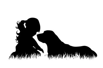 Canvas Print - Vector silhouette of girl with dog in the grass on white background.