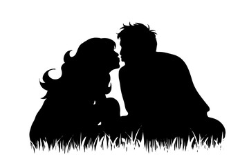 Canvas Print - Vector silhouette of couple who sit in the grass and kiss on white background.