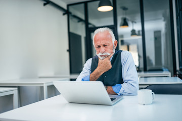 Wall Mural - Serious senior business man looking at laptop.