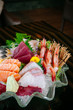 Premium sashimi on ice, Tai fish sashimi, Ebi sashimi, Maguro sashimi, salmon sashimi