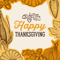 Happy thanksgiving day background with lettering and illustrations.