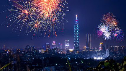 Wall Mural - Taipei cityscape Night light with fireworks 7