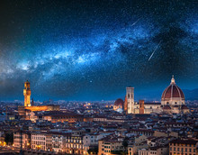 Milky Way And Falling Stars Over Florence At Night, Italy