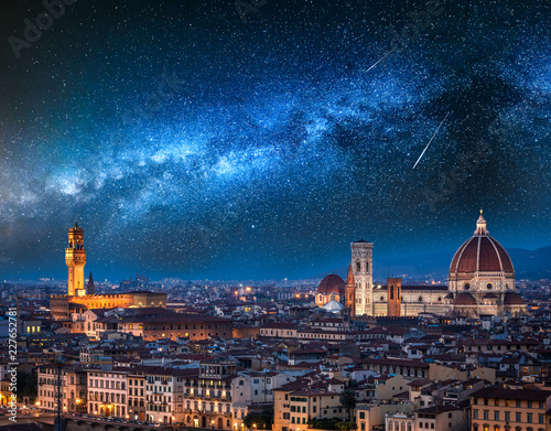Fotografie, Obraz Milky way and falling stars over Florence at night, Italy