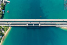 Aerial Top View Drone Shot Of Bridge With Cars On Bridge Road Image Transportation Background Concept